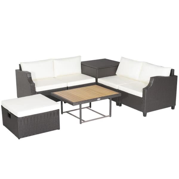 Wicker 7-Piece Outdoor Sectional Set with Acacia Wood Coffee Table and White Cushions