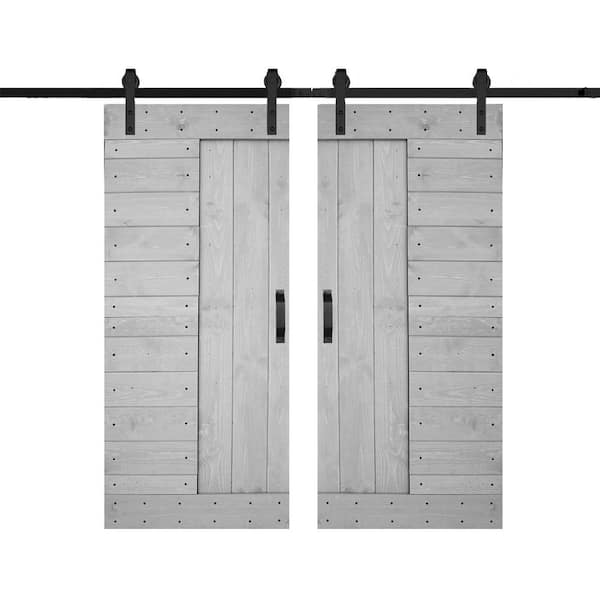 ISLIFE L Series 72 in. x 84 in. French Gray Finished Solid Wood Double Sliding Barn Door with Hardware Kit - Assembly Needed