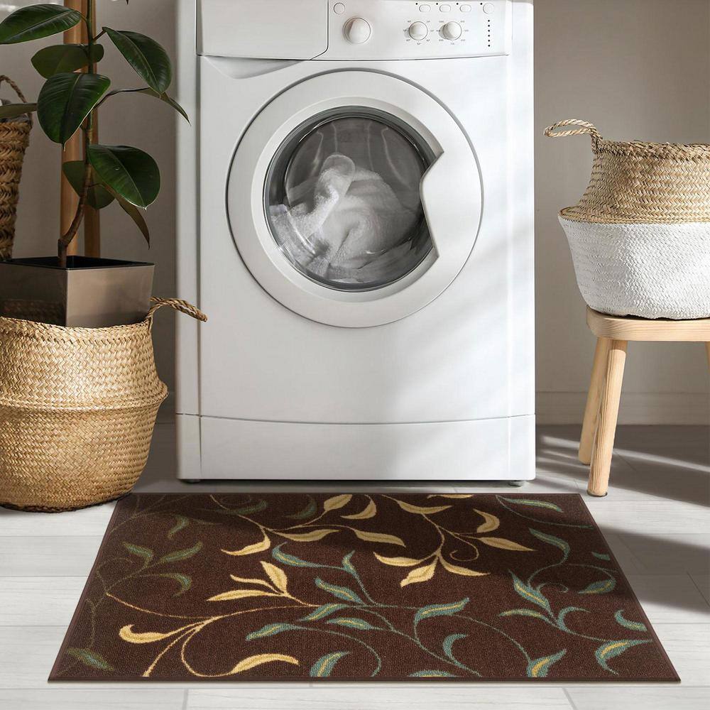 Brown Floral Leaves Non-Slip Washable Area Rug 2'3" x 3'
