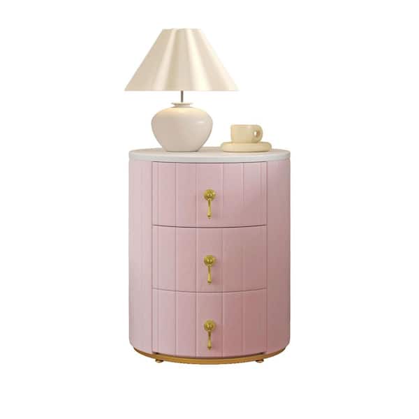 Pink 3 Drawer Round Upholstered Nightstand Marbling Stickers Top Side Table w/Metal Handle Fully Assemble Except Handles
