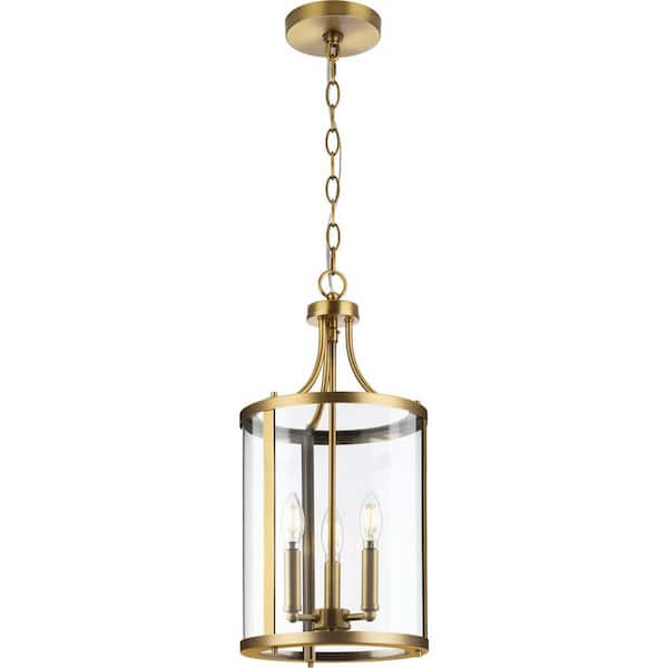 Progress Lighting Gilliam 3-Light Vintage Brass Farmhouse Clear Glass Cylinder Medium Hanging Pendant Light