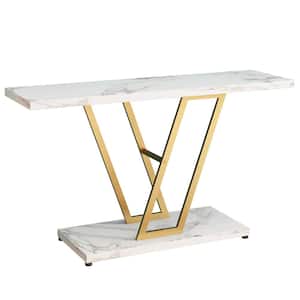 Modern Style 42.13 in. White and Gold Rectangle Marble Grain MDF Console Table