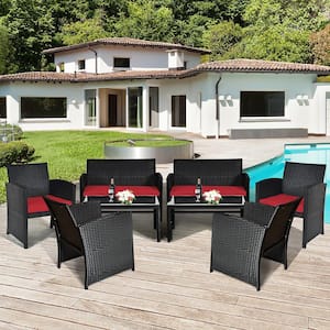 8-Pieces Plastic Metal Wicker Furniture Patio Conversation Set with Red Cushion Sofa Table Garden
