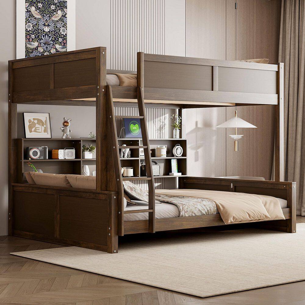 Wood Full XL Over Queen Bunk Bed with Storage Cabinets and USB Ports