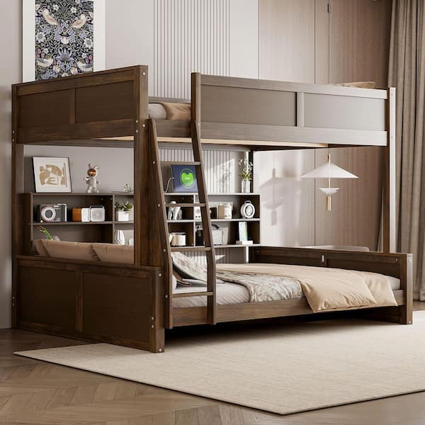 Wood Full XL Over Queen Bunk Bed with Storage Cabinets and USB Ports