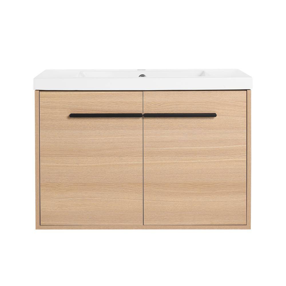 30 in. W Floating Bath Vanity in Oak with White Resin Top, 2 Doors Bathroom Cabinet Set