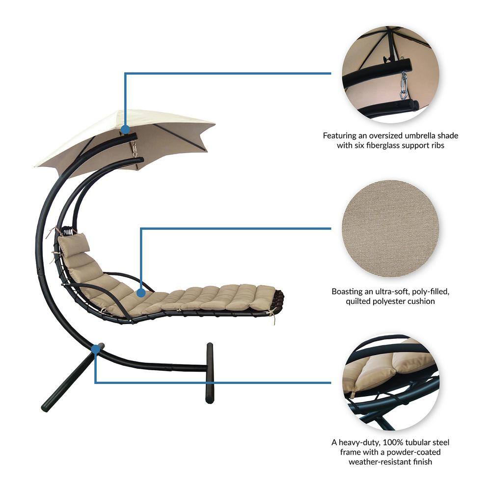 Khaki Hanging Chaise Lounge Chair with Cushions and Umbrella