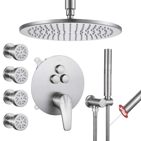 Single Handle 1-Spray 3 Spray Patterns Shower Faucet 1.8 GPM with Pressure Balance, 10 in. Shower Head Brushed Nickel