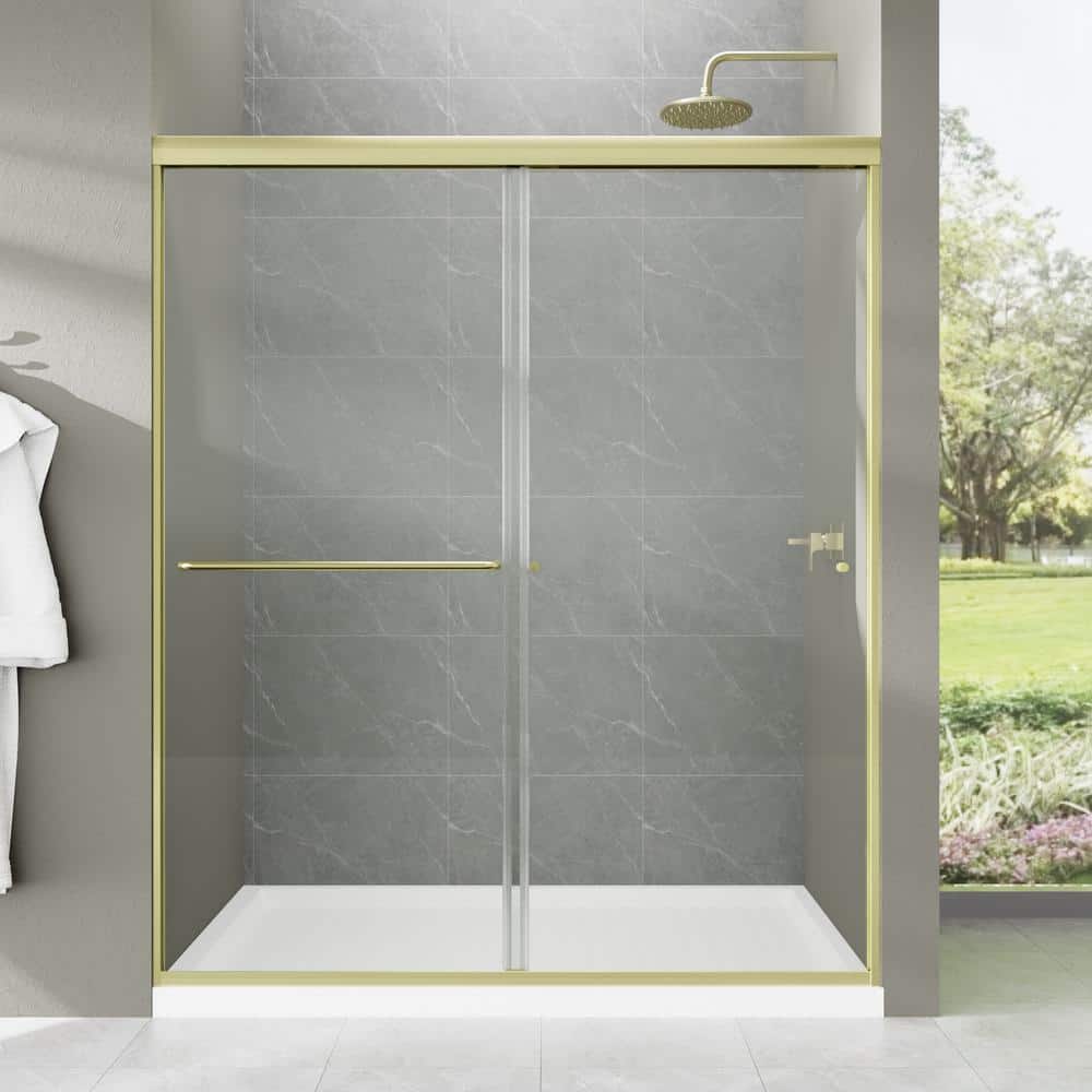 60 in. W x 70 in. H Single Sliding Framed Shower Door in Brushed Gold with 