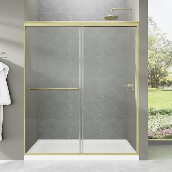 Unbranded 60 in. W x 70 in. H Single Sliding Framed Shower Door in Brushed Gold with Tempered Glass
