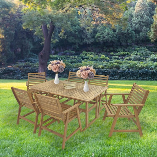 Hatteras 7-Piece Acacia Wood Patio Conversation Outdoor Dining Set-Natural Oil