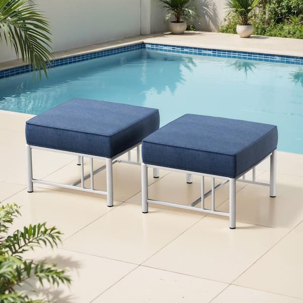 Minimalism Metal White Outdoor Patio Ottoman with Blue Cushions (2-Pack)