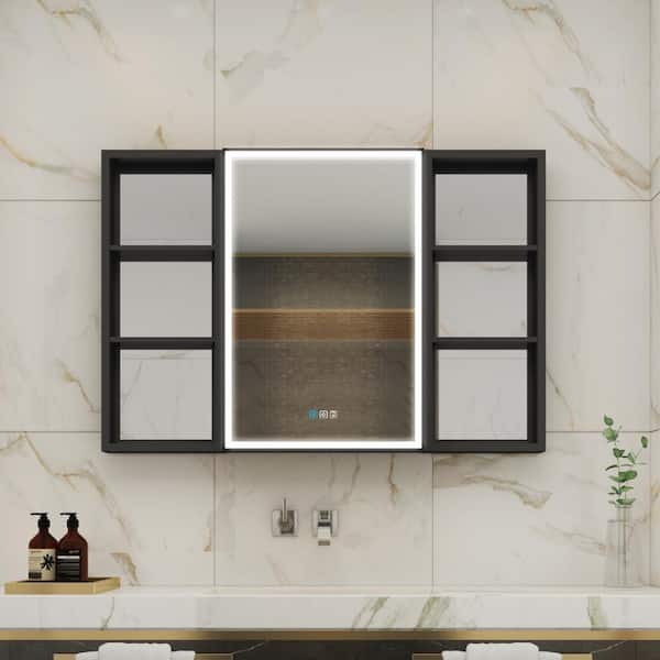 44 in. W x 30 in. H Rectangular Black Aluminum Recessed/Surface Mount LED Medicine Cabinet with Mirror and Outlet