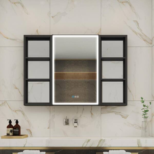 48 in. W x 30 in. H Rectangular Black Aluminum Recessed/Surface Mount LED Medicine Cabinet with Mirror and Outlet