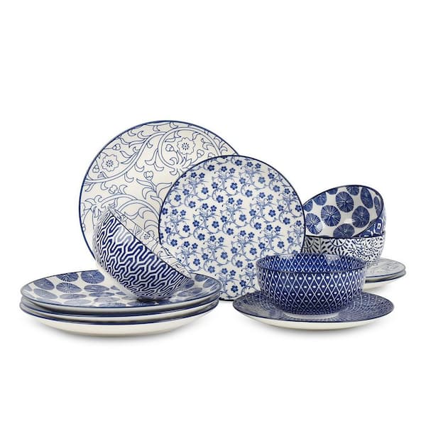 12-Piece Blue Ceramic Dinnerware Set, Scratch Resistant, Dishwasher and Microwave and Oven Safe, (Service for 4)
