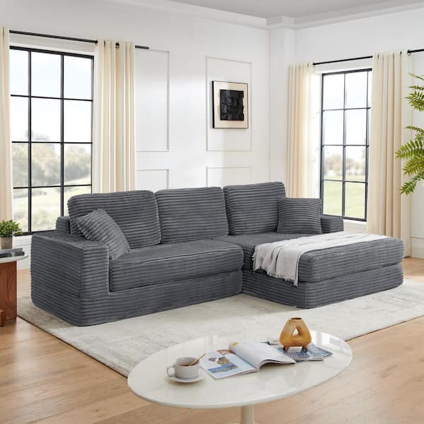 112.6 in. Corduroy L-shaped Right Sofa Seat Compressed Sectional Sofa in Gray
