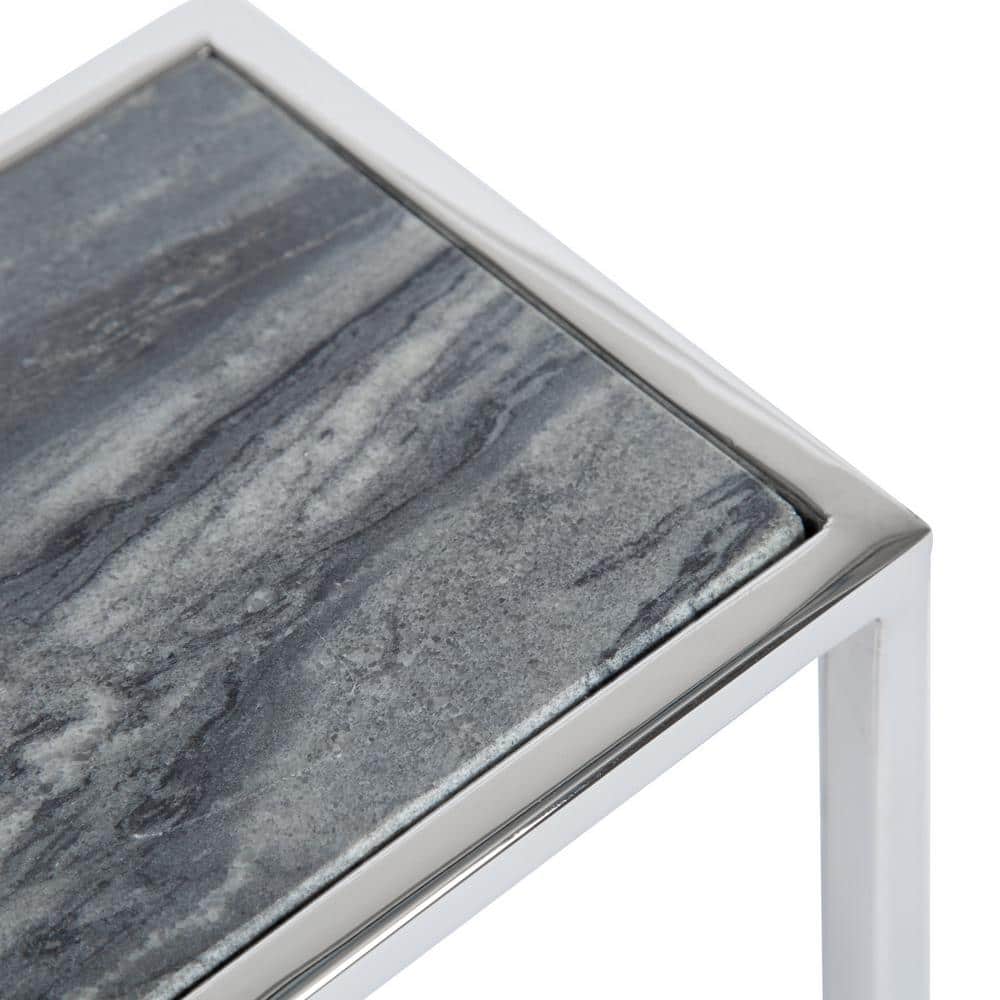 Jaspur Gray Marble and Silver Metal Square Drink Table