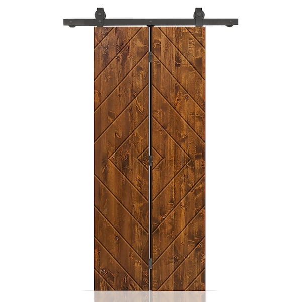 CALHOME Diamond 26 in. x 80 in. Walnut Stained Hollow Core Pine Wood Bi-Fold Door with Sliding Hardware Kit