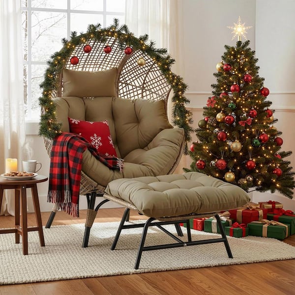 PE Wicker Indoor/Outdoor Lounge Egg Chair with Brown Cushion and Ottoman for Patio Porch Balcony