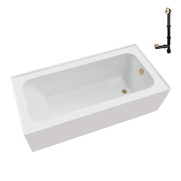 Streamline 60 in. x 30 in. Soaking Acrylic Alcove Bathtub with Right Drain in Glossy White, External Drain in Polished Brass