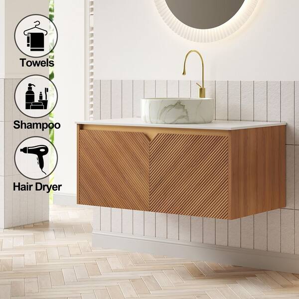 Yingze 36 in. Wall Mounted Single Sink Brown Oak Bath Vanity with