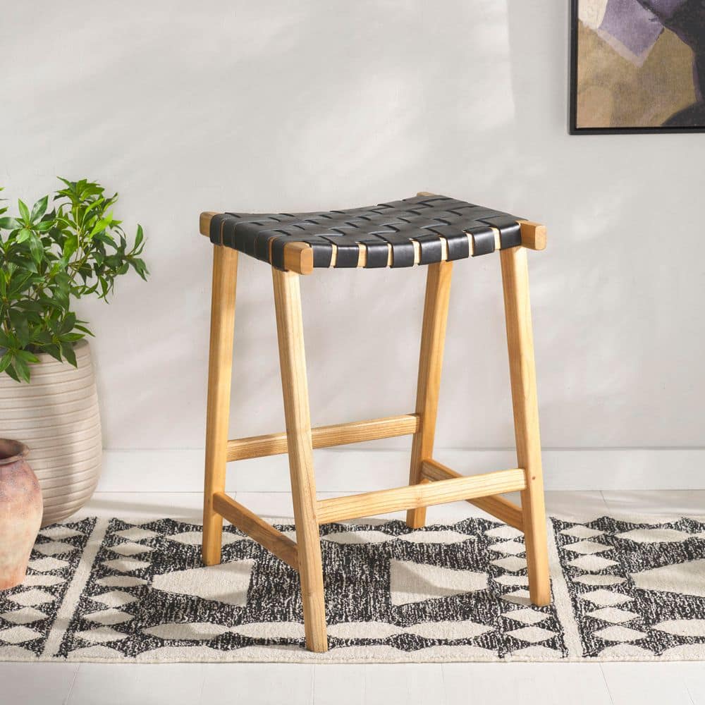 Abreu 26.8 in. H Black/Natural Wood Bar Stool with Leather Seat price history on PriceWatchPro