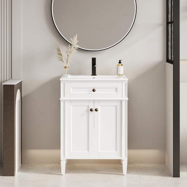 eclife 24 in. W x 18 in. D x 34 in. H 1-Sink Freestanding Bath Vanity in White With White Ceramic Top and Drain Faucet Set