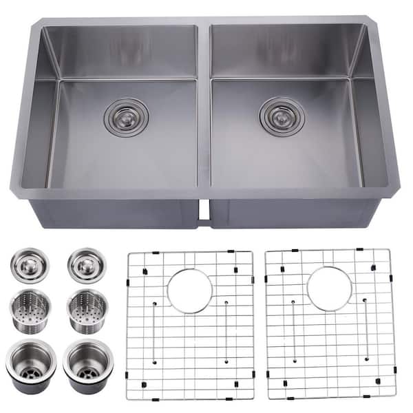 33 in. Drop in/Undermount Double Bowl 16-Gauge Gunmetal in Brushed Nickel Stainless Steel Kitchen Sink with Bottom Grids