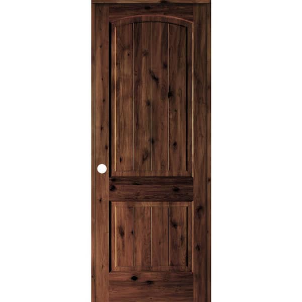  24 in. x 96 in. Knotty Alder 2 Panel Right-Hand Arch V-Groove Red Mahogany Stain Wood Single Prehung Interior Door