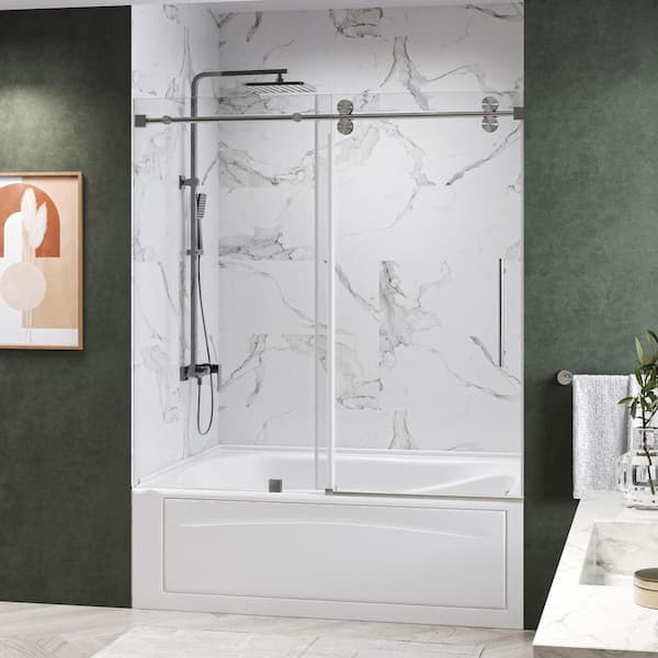 KWRAD 60 in. W x 60 in. H Single Sliding Frameless Tub Door in Brushed Nickel with 3/8 in. Clear Glass