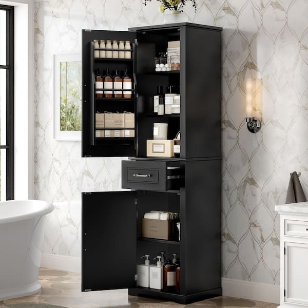Sadler Modern Black 72.1 in. Tall Accent Storage Cabinet, Linen Cabinet with Adjustable Shelves, Door Shelves, Drawer