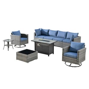 Sanibel Gray 9-Piece Wicker Outdoor Patio Conversation Sofa Sectional Set with a Metal Fire Pit and Denim Blue Cushions