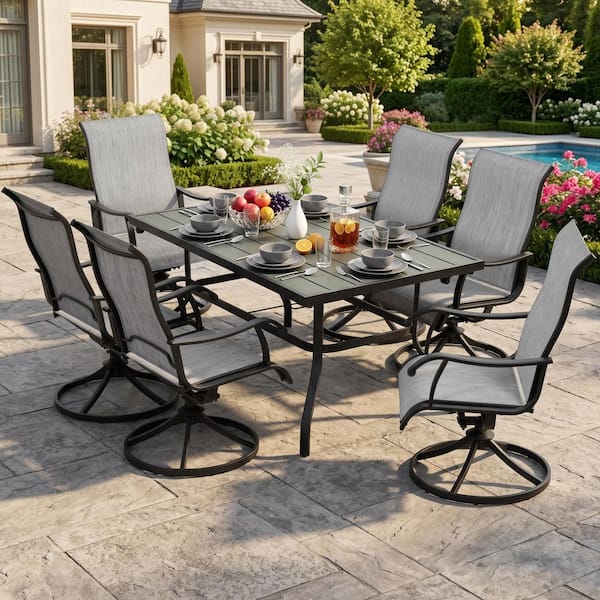 Black 7-Piece Metal and Textilene Rectangular Outdoor Dining Set with Umbrella Hole, Slatted Tabletop, Swivel Design