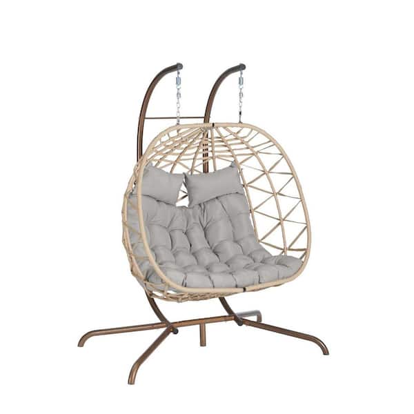 SereneVita Khaki Wicker Patio Swing Chair, Patio Wicker Swing Egg Chair with Light Gray Cushion for Outdoor, Indoor, Balcony