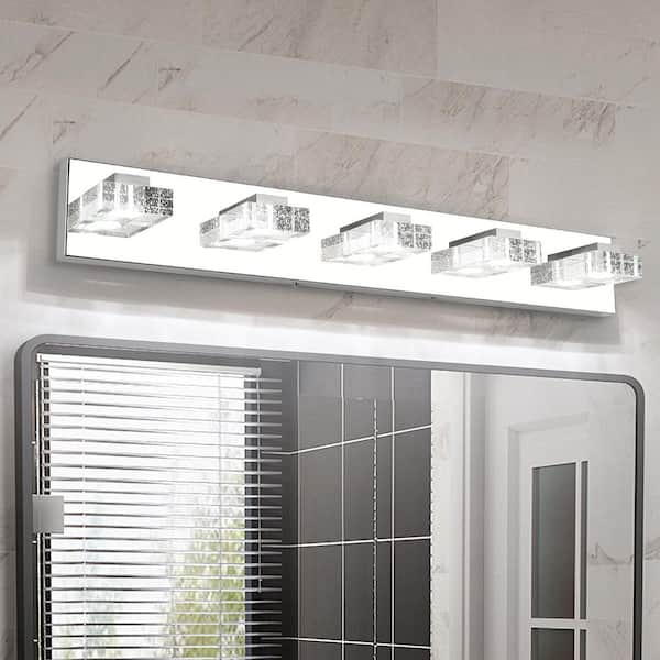 31.1 in. 5-Light Chrome LED Bathroom Vanity Light with Bubble Crystal Lampshade