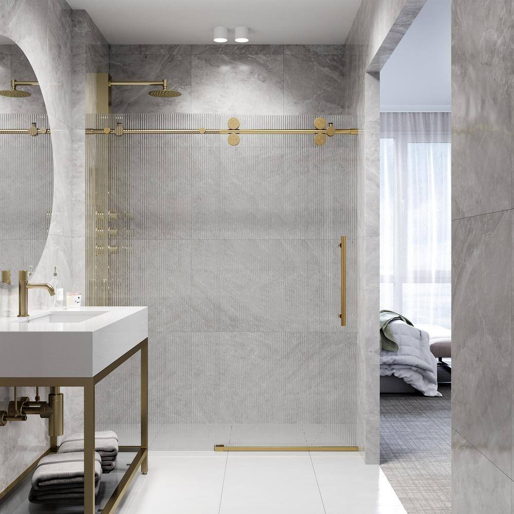 Elan Matte Black Frameless Sliding Shower Door with Fluted Glass