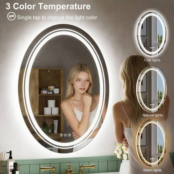28 in. W x 36 in. H Oval Frameless LED Light Anti Fog Wall Bathroom Vanity Mirror Front Light and Backlit
