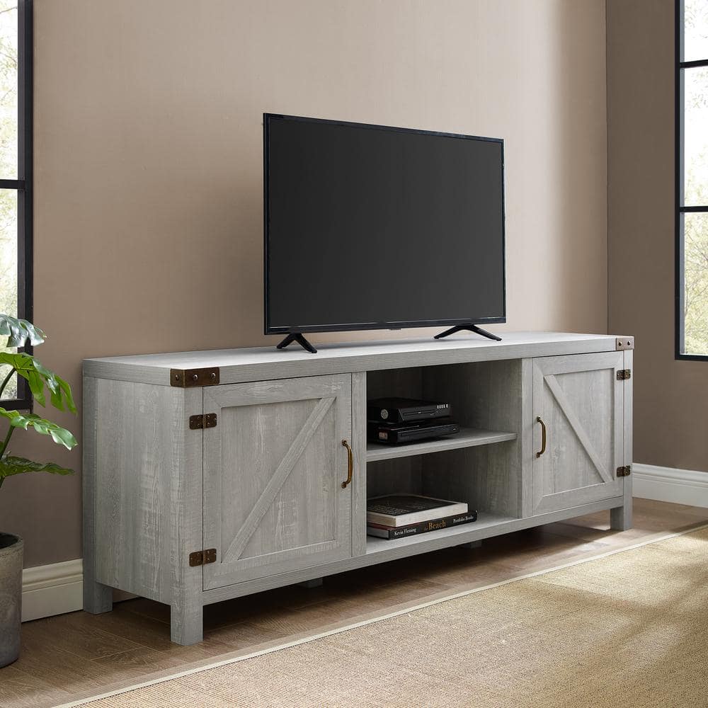 Modern Farmhouse 70" Black Stone TV Stand with Barn Doors