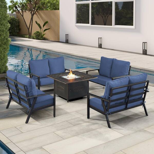 Oakland Living Black 5-Piece Aluminum Patio Fire Table Set with Blue Cushions