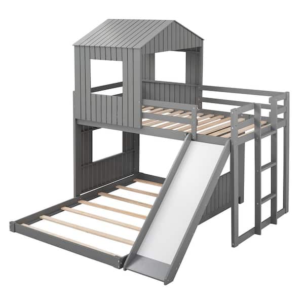 Playhouse Style Gray Wooden Twin Over Full Bunk Bed with Ladder,Slide and Guardrails(78.7 in. W x 82.3 in. H)