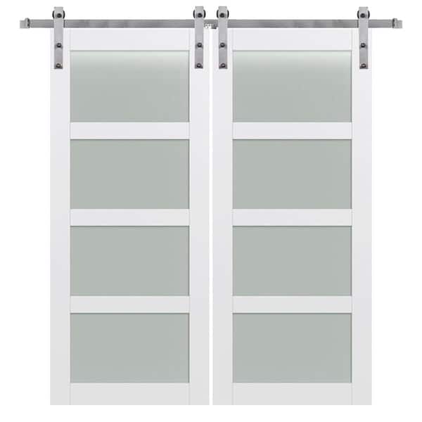 MMI DOOR 84 in. x 84 in. Shaker 4-Lite Frosted Glass Primed MDF Double Sliding Barn Door with Bent Strap Hardware Kits