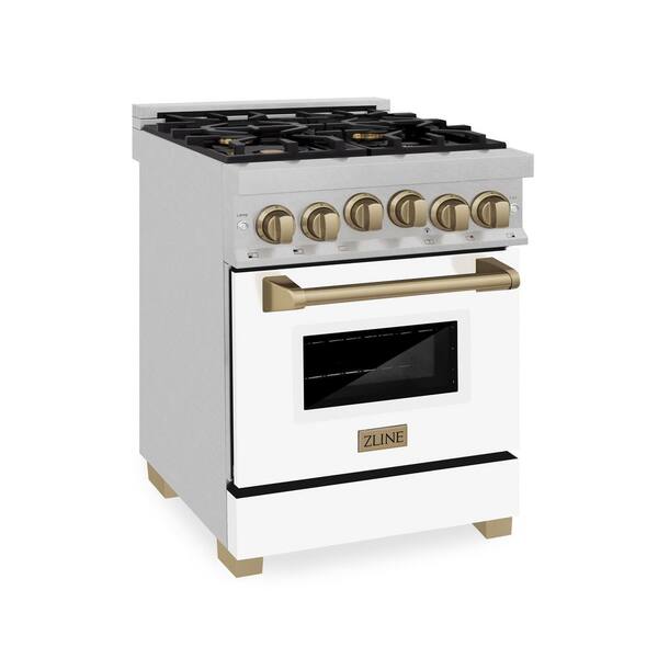 ZLINE Kitchen and Bath Autograph Edition 24 in. 4 Burner Single Gas Range in Fingerprint Resistant Stainless, Matte White & Champagne Bronze