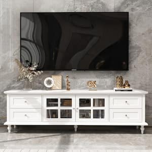 Modern White Wood TV Console Media Console Entertainment Center with Glass Doors, 4 Drawers Fits TV's up to 80 in.