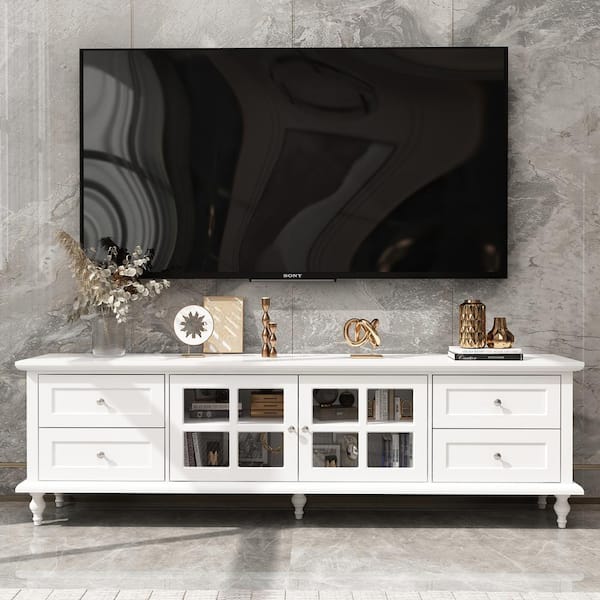 FUFU&GAGA Modern White Wood TV Console Media Console Entertainment Center with Glass Doors, 4 Drawers Fits TV's up to 80 in.