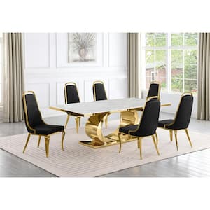 Ibraim 7-Piece Rectangle White Marble Top Gold Stainless Steel Dining Set with 6 Black Velvet Gold Chrome Iron Chair