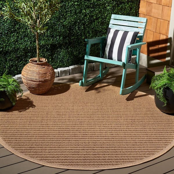 Atrium Sisal Beige 7 ft. x 7 ft. Modern Striped Indoor/Outdoor Round Area Rug