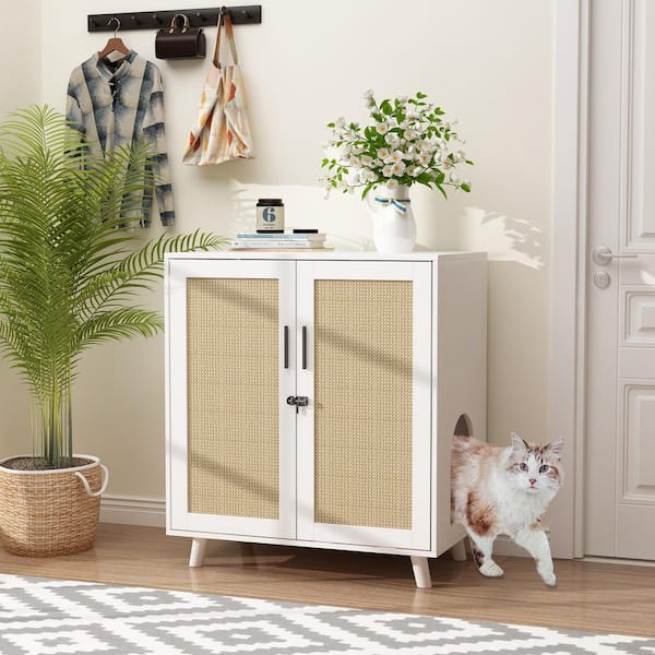 Modern Cat Litter Box Enclosure, Indoor Hidden Litter Box Furniture Cat Washroom Storage with Lock Sisal Door for Rooms