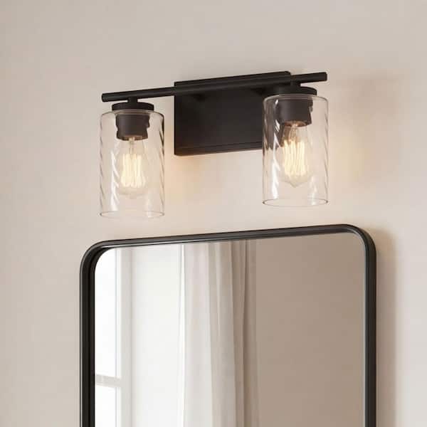 15 in. W x 8.26 in. H 2-Light Matte Black Bathroom Vanity Light with Clear Cylinder Glass Shades