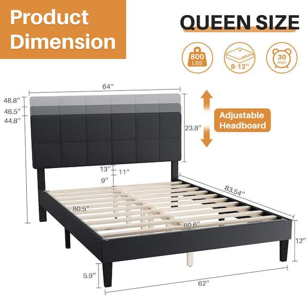 WONDER COMFORT Dark Gray Wood Frame Queen Platform Bed with