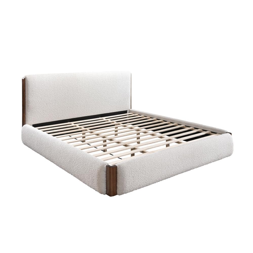 Sandro Queen Bed with White Boucle Upholstery and Walnut Frame